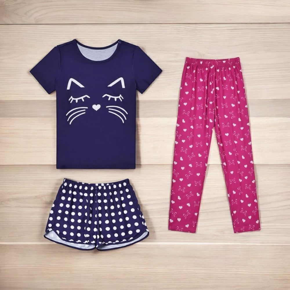 NEW Girls 3pc Pajama Set Sleeping Cat Shorts & Pants Navy Pink Size 12 / 13 - Picture 1 of 2